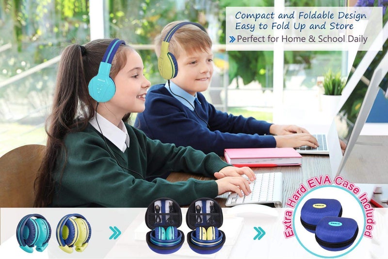 SIMOLIO 2 Pack Wireless Kids Headphones with Hard Case, Bluetooth Kids Friendly Headphone Volume Limited, Over-Ear Wireless Headsets for Girls,Boys,School,Travel(Mint,Yellow) - Image 5